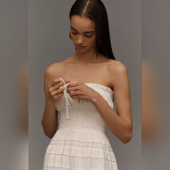 Anthropologie Maeve Strapless Smocked Midi Dress In White Size Medium NWT - Picture 3 of 8